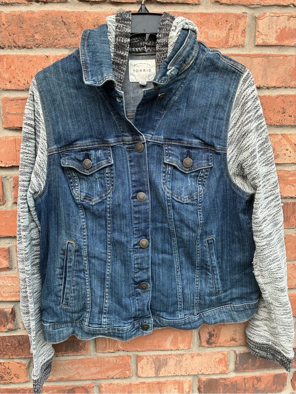 torrid Blue Denim Jacket with Heather Gray Knit Sleeves and Hood